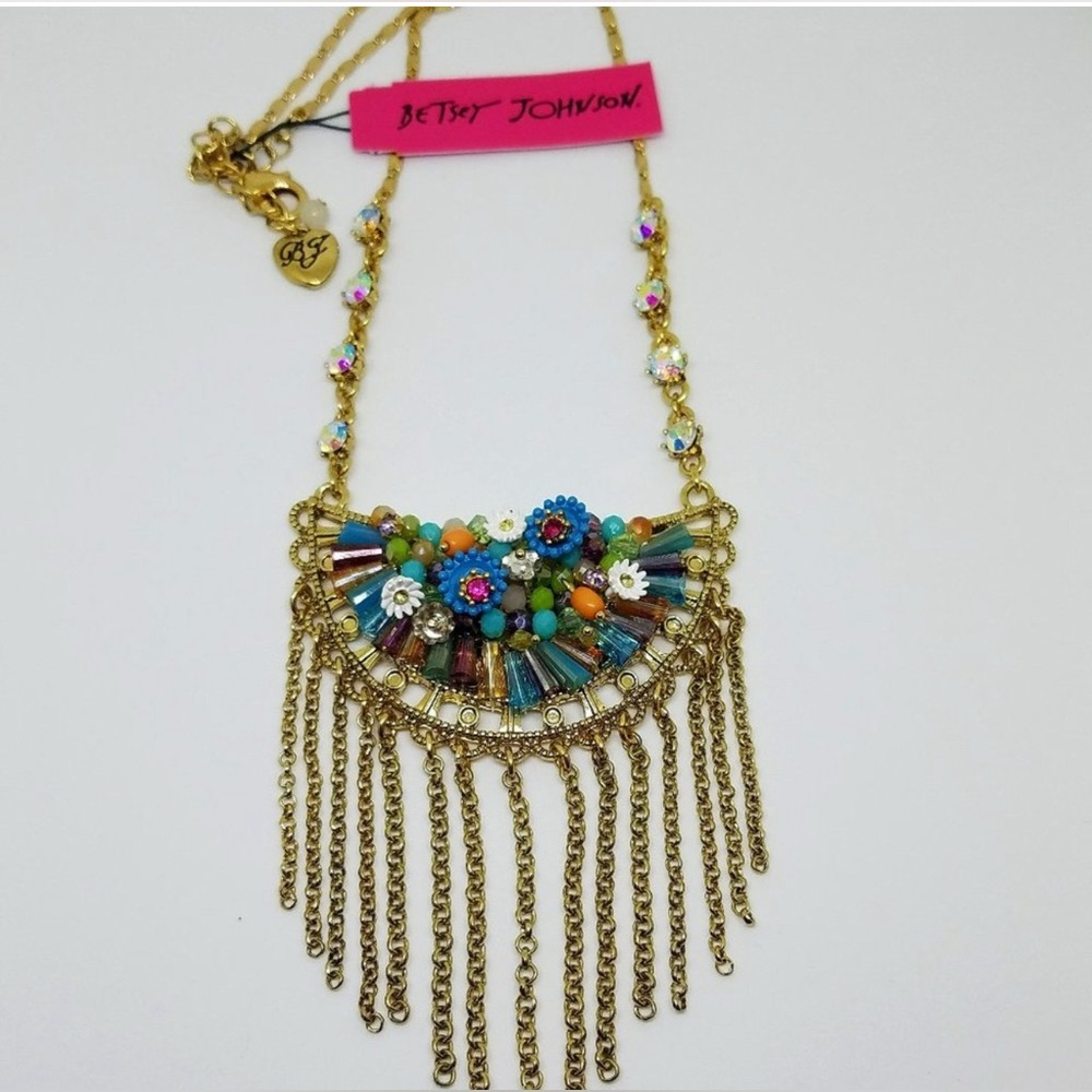 NWT RARE Betsey Johnson Weave & Sew Multi Woven Fringe Rhinestone Necklace